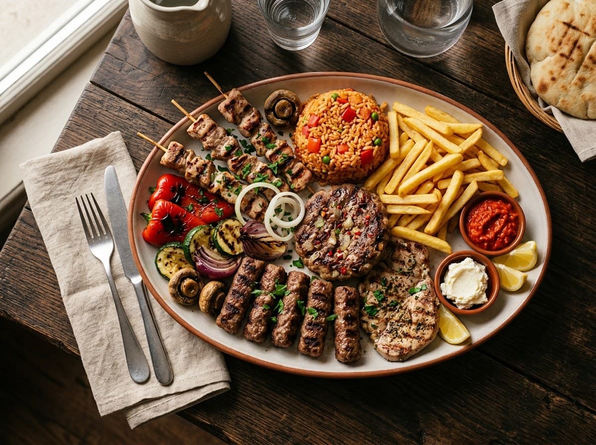 Gemischte Grillplatte mit Spießchen, Fleischröllchen, Hacksteak, Đuveč-Reis und Pommes
