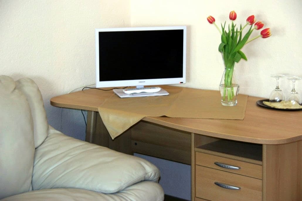 Schreibtisch mit Fernseher, Tulpen und zwei Gläsern, davor ein heller Polstersessel