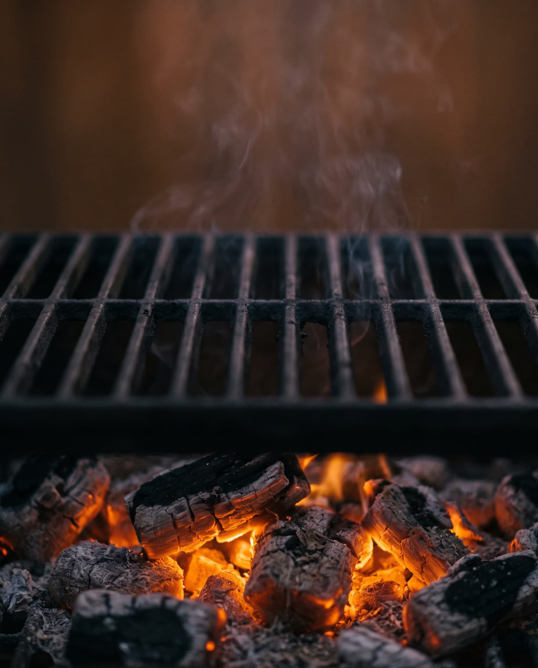Glühende Holzkohle unter einem schwarzen Grillrost, darüber leichter Rauch